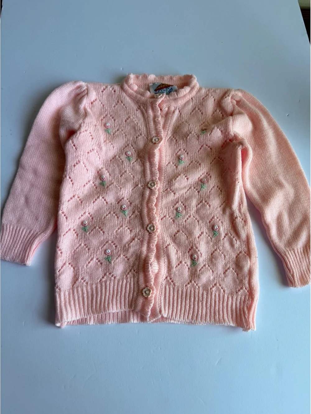 Vintage Y2K Pride & Joy Pink Pointelle Knit Floral Cardigan Sweater 2T/3T